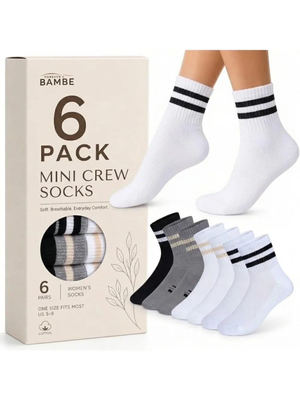 Cozy Retro Striped Mini Crew Socks for Women - 4-Pack Cushioned Athletic Socks